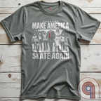 Roll into nostalgia with the Make America Skate Again tee featuring Donald Trump and family hitting the pavement in retro roller-skating style. A throwback to simpler times, this vintage-inspired design blends patriotism with 80s Americana fun. Whether you’re a MAGA supporter, a fan of classic roller rinks, or just love a lighthearted conservative tee, this shirt is for you. Lace up, take a spin, and remind everyone that America rolls best with freedom, family, and a little old-school fun! Color- Grey2