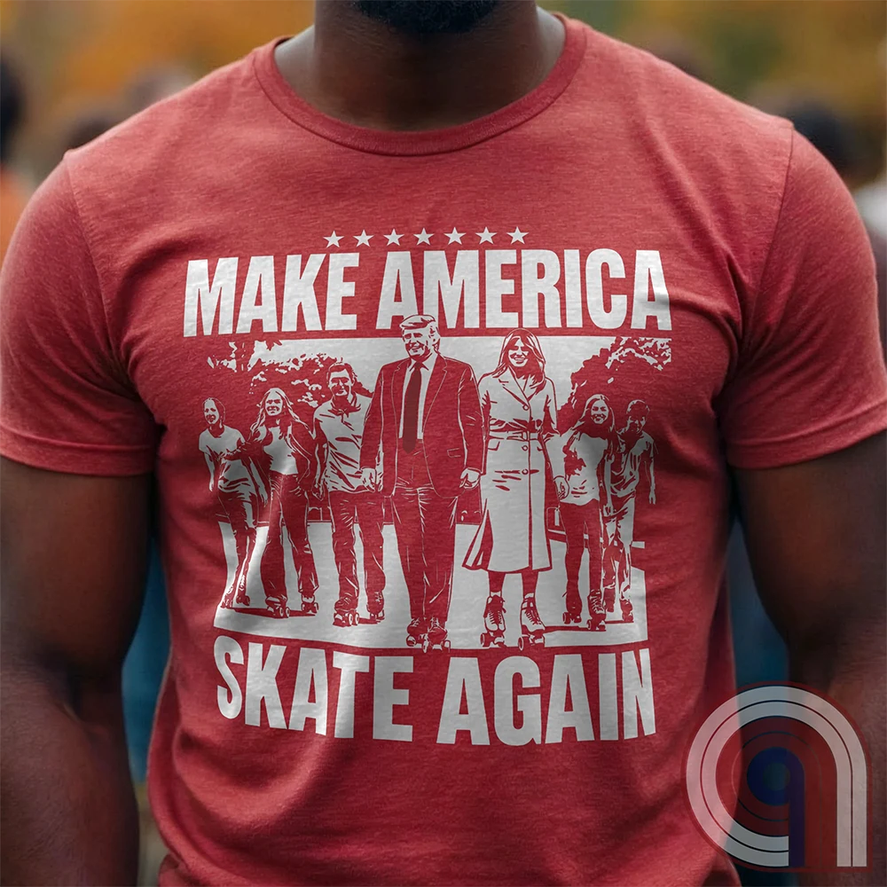 Roll into nostalgia with the Make America Skate Again tee featuring Donald Trump and family hitting the pavement in retro roller-skating style. A throwback to simpler times, this vintage-inspired design blends patriotism with 80s Americana fun. Whether you’re a MAGA supporter, a fan of classic roller rinks, or just love a lighthearted conservative tee, this shirt is for you. Lace up, take a spin, and remind everyone that America rolls best with freedom, family, and a little old-school fun! Color- Red1