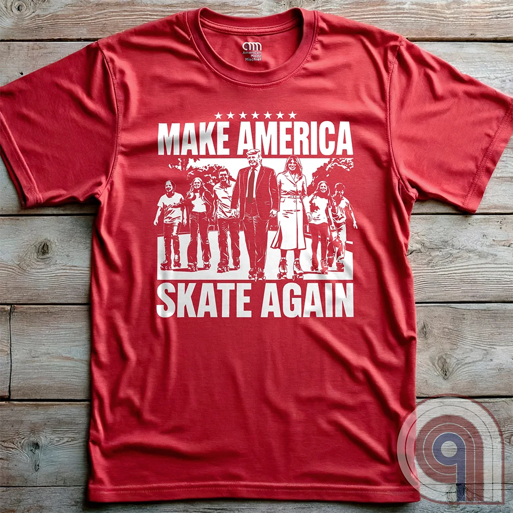Roll into nostalgia with the Make America Skate Again tee featuring Donald Trump and family hitting the pavement in retro roller-skating style. A throwback to simpler times, this vintage-inspired design blends patriotism with 80s Americana fun. Whether you’re a MAGA supporter, a fan of classic roller rinks, or just love a lighthearted conservative tee, this shirt is for you. Lace up, take a spin, and remind everyone that America rolls best with freedom, family, and a little old-school fun! Color- Red2