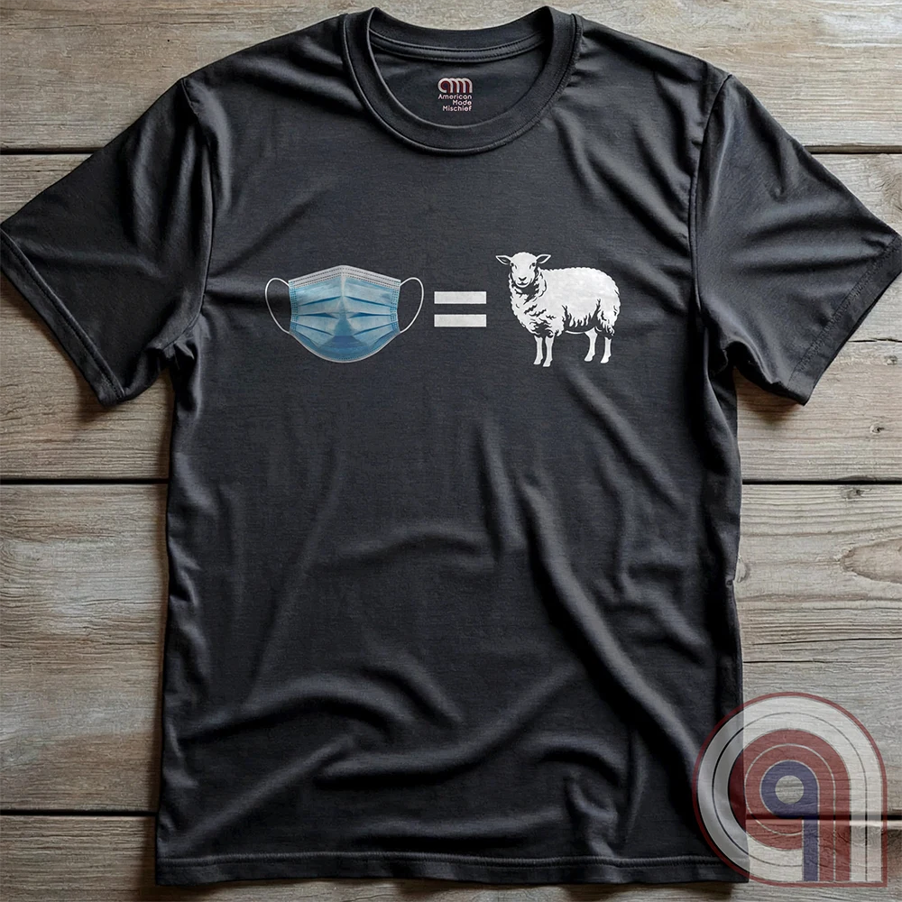 Flat product photo of the charcoal T-shirt, showing the blue face mask, white equals symbol and sheep motif prominently against dark fabric.