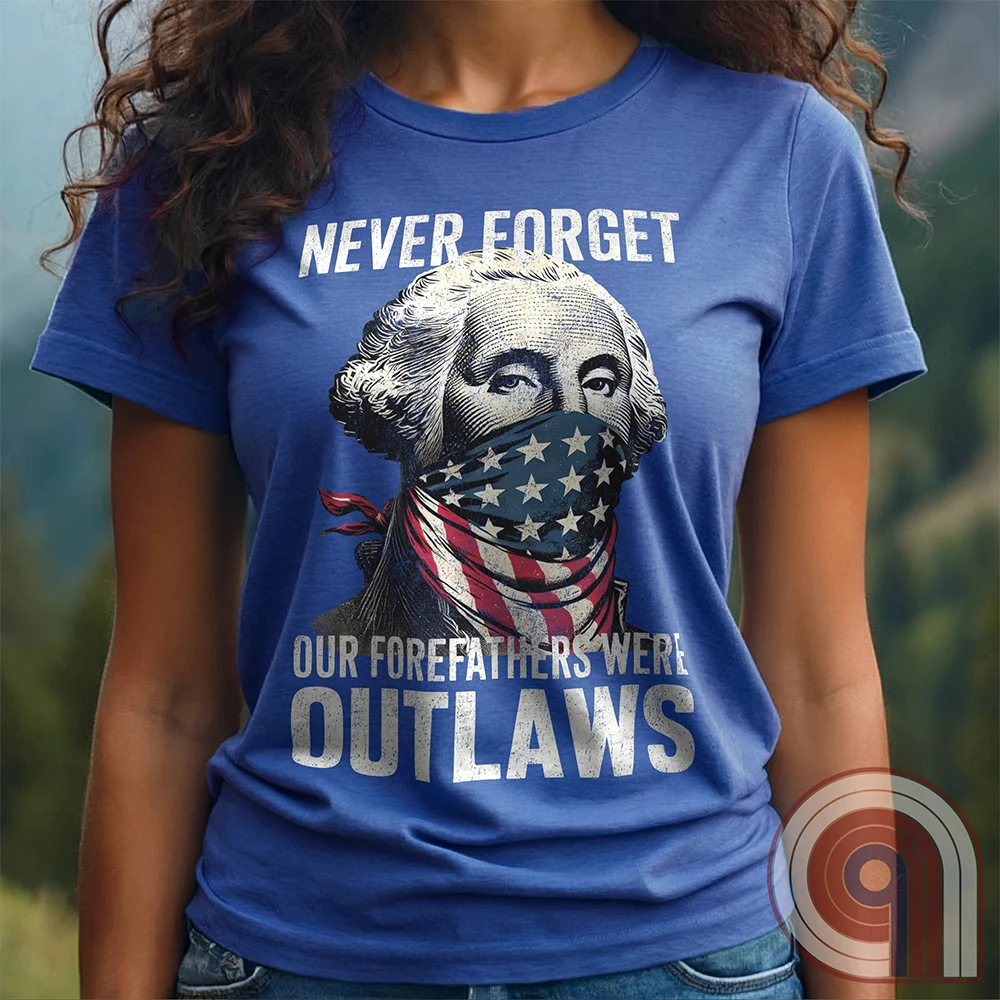 Never forget—our Founding Fathers were outlaws who defied tyranny and risked everything for freedom. This patriotic t-shirt features George Washington wearing an American flag bandana, symbolizing the rebellious spirit that forged a nation. A bold statement for those who stand against government overreach, censorship, & oppression. Perfect for history lovers, 2A supporters, & patriots who honor the fight for liberty. Wear it proudly and remind the world—freedom isn’t given, it’s taken. Color-Blue1