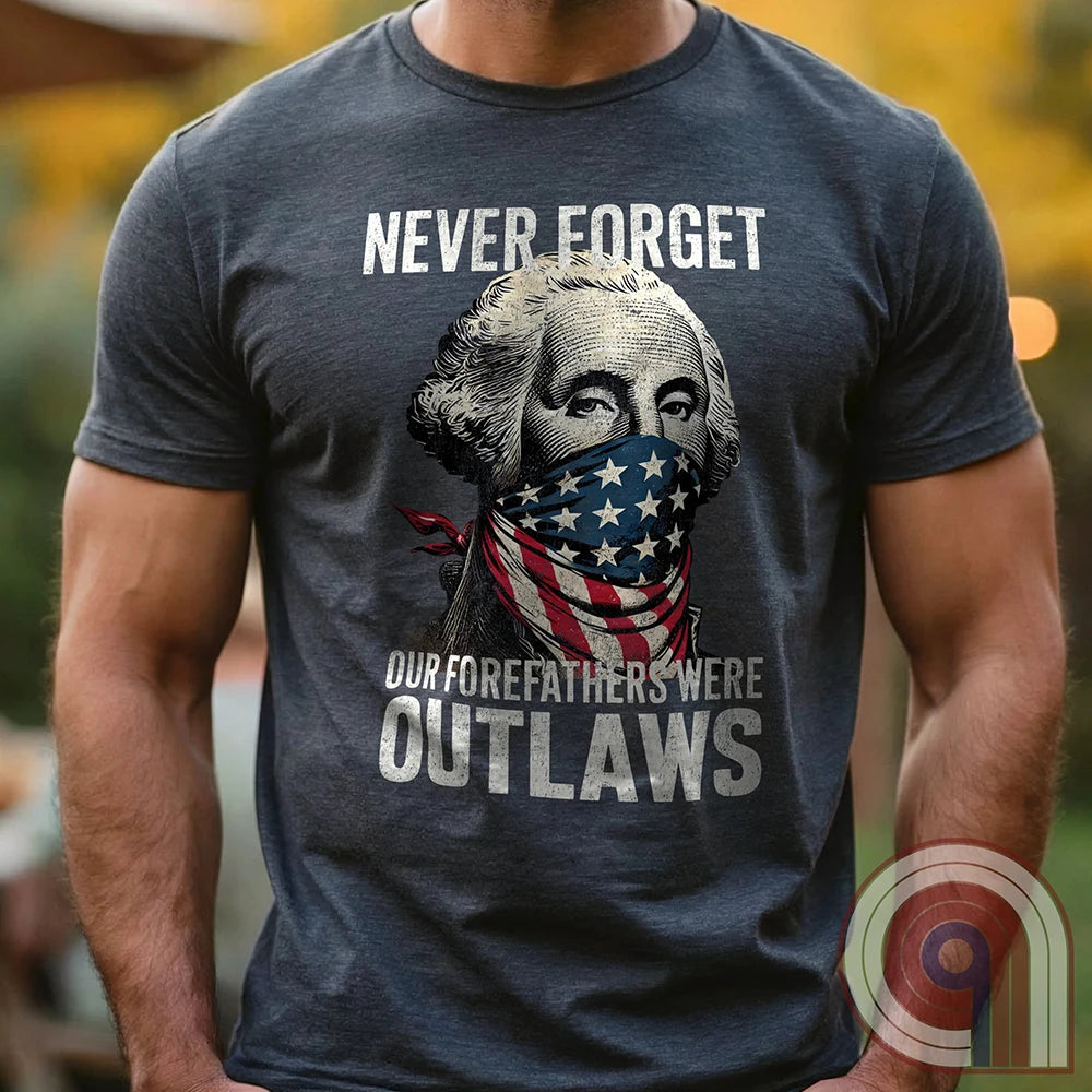Never forget—our Founding Fathers were outlaws who defied tyranny and risked everything for freedom. This patriotic t-shirt features George Washington wearing an American flag bandana, symbolizing the rebellious spirit that forged a nation. A bold statement for those who stand against government overreach, censorship, & oppression. Perfect for history lovers, 2A supporters, & patriots who honor the fight for liberty. Wear it proudly and remind the world—freedom isn’t given, it’s taken. Color- Charc1