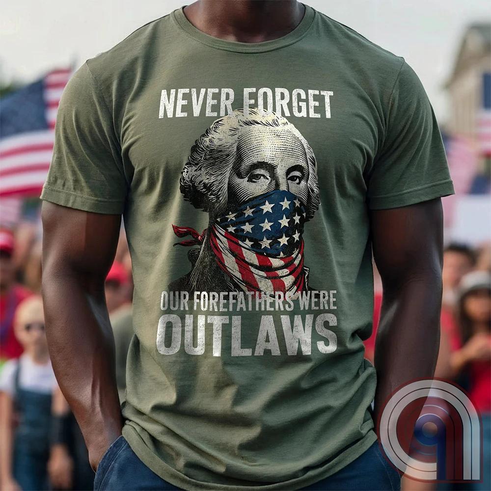 Never forget—our Founding Fathers were outlaws who defied tyranny and risked everything for freedom. This patriotic t-shirt features George Washington wearing an American flag bandana, symbolizing the rebellious spirit that forged a nation. A bold statement for those who stand against government overreach, censorship, & oppression. Perfect for history lovers, 2A supporters, & patriots who honor the fight for liberty. Wear it proudly and remind the world—freedom isn’t given, it’s taken. Color-Green1