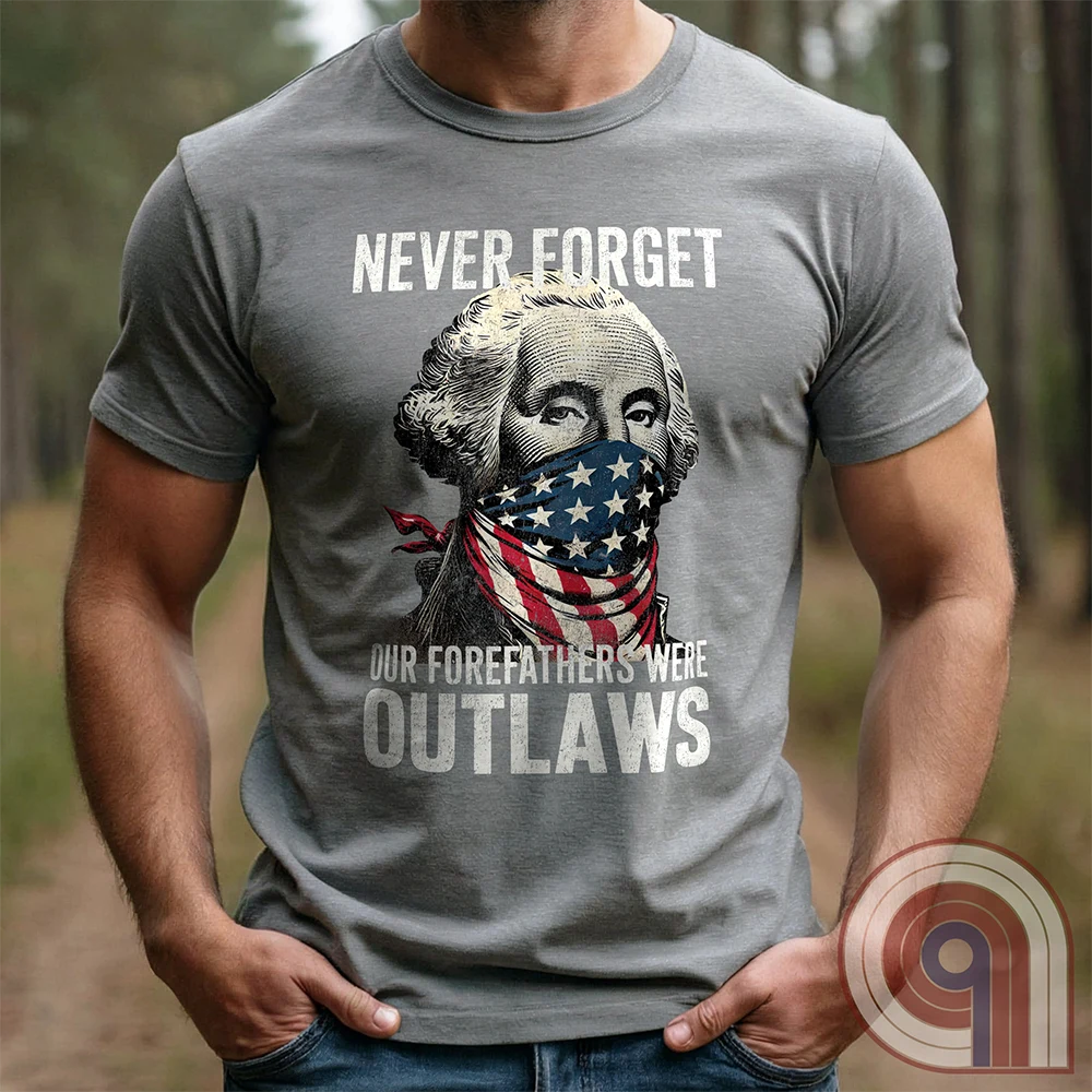 Never forget—our Founding Fathers were outlaws who defied tyranny and risked everything for freedom. This patriotic t-shirt features George Washington wearing an American flag bandana, symbolizing the rebellious spirit that forged a nation. A bold statement for those who stand against government overreach, censorship, & oppression. Perfect for history lovers, 2A supporters, & patriots who honor the fight for liberty. Wear it proudly and remind the world—freedom isn’t given, it’s taken. Color-Grey1