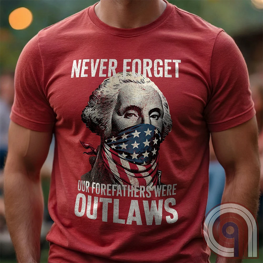Never forget—our Founding Fathers were outlaws who defied tyranny and risked everything for freedom. This patriotic t-shirt features George Washington wearing an American flag bandana, symbolizing the rebellious spirit that forged a nation. A bold statement for those who stand against government overreach, censorship, & oppression. Perfect for history lovers, 2A supporters, & patriots who honor the fight for liberty. Wear it proudly and remind the world—freedom isn’t given, it’s taken. Color-Red1