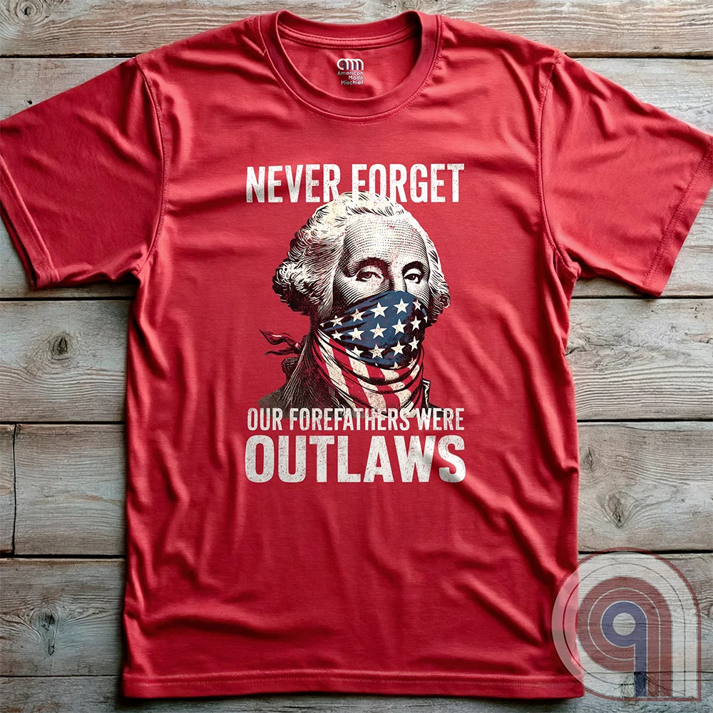 Never forget—our Founding Fathers were outlaws who defied tyranny and risked everything for freedom. This patriotic t-shirt features George Washington wearing an American flag bandana, symbolizing the rebellious spirit that forged a nation. A bold statement for those who stand against government overreach, censorship, & oppression. Perfect for history lovers, 2A supporters, & patriots who honor the fight for liberty. Wear it proudly and remind the world—freedom isn’t given, it’s taken. Color- Red2