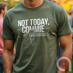 Stand your ground with the Not Today, Commie t-shirt—bold, defiant, and unapologetic. Featuring a detailed AR-15 rifle and a hard-hitting message, this Second Amendment shirt is for patriots who refuse to bow to tyranny. A perfect statement for gun owners, military vets, and freedom lovers who stand against communism, government overreach, and anti-2A agendas. Show your unwavering commitment to self-defense, American liberty, and the right to bear arms. Because freedom isn’t negotiable. Color: Green1