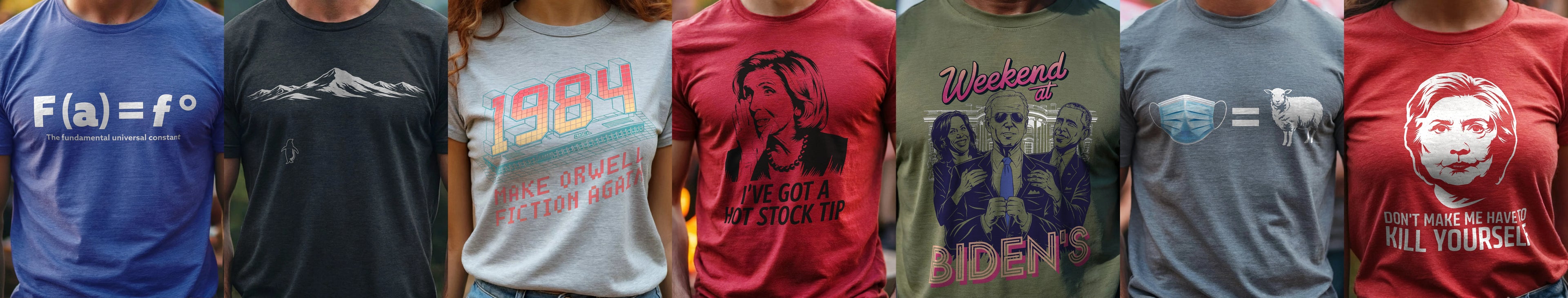 A bold showcase of unapologetic, anti-establishment, and politically charged t-shirts designed for patriots, conservatives, and freedom lovers. Featuring designs that mock woke culture, call out government corruption, defend the 2nd Amendment, and champion free speech. From anti-globalist satire to pro-America graphics, this banner captures the rebellious spirit of those who refuse to conform. Perfect for those who stand for liberty, reject tyranny, and wear their beliefs with fearless American pride.