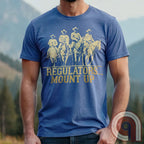 Ride high with the 'Regulators... Mount Up' t-shirt, a fearless call to action for patriots who stand for unity, resilience, & the preservation of American values. Inspired by frontier justice, this Western tee embodies the spirit of Texas Rangers, Border Patrol Agents, & Minute-Men. A tribute to law & order, standing strong, & defending freedom, it's perfect for those who believe in 2A, 1A, & American spirit. Whether you're a cowboy, prepper, or patriot, wear it with pride and ride for liberty. Blue