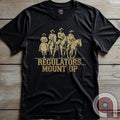 Ride high with the 'Regulators... Mount Up' t-shirt, a fearless call to action for patriots who stand for unity, resilience, & the preservation of American values. Inspired by frontier justice, this Western tee embodies the spirit of Texas Rangers, Border Patrol Agents, & Minute-Men. A tribute to law & order, standing strong, & defending freedom, it's perfect for those who believe in 2A, 1A, & American spirit. Whether you're a cowboy, prepper, or patriot, wear it with pride and ride for liberty. Charcoal