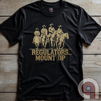 Ride high with the 'Regulators... Mount Up' t-shirt, a fearless call to action for patriots who stand for unity, resilience, & the preservation of American values. Inspired by frontier justice, this Western tee embodies the spirit of Texas Rangers, Border Patrol Agents, & Minute-Men. A tribute to law & order, standing strong, & defending freedom, it's perfect for those who believe in 2A, 1A, & American spirit. Whether you're a cowboy, prepper, or patriot, wear it with pride and ride for liberty. Charcoal