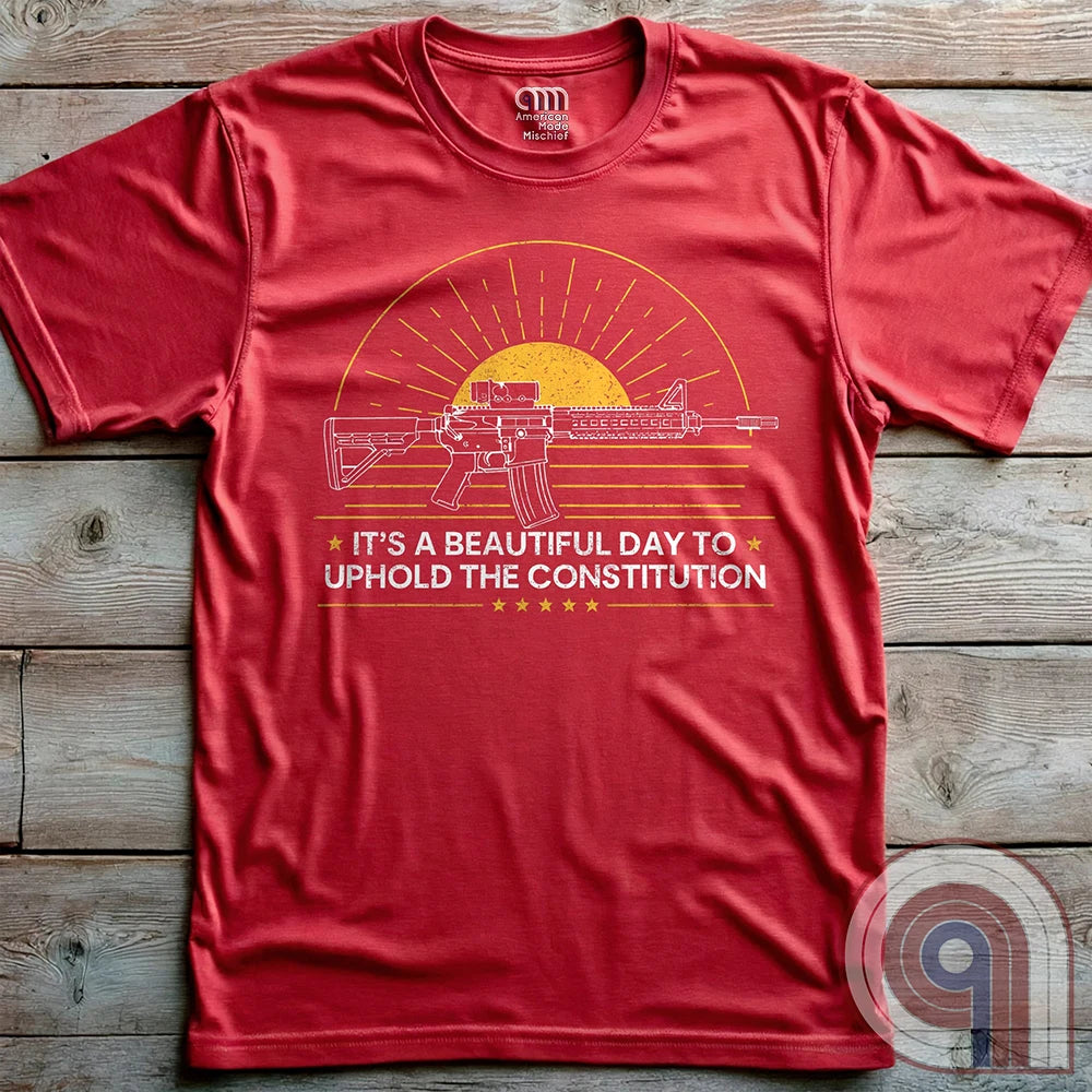 Every sunrise brings another day to stand your ground. This pro-gun rights t-shirt isn’t just a statement—it’s a battle cry. Featuring a minimalist AR-15 silhouette against the morning light, this 2A apparel is made for those who know that freedom comes from the barrel of a gun. For gun owners, veterans, and warriors who refuse to be disarmed. Wear it loudly- This Tee isn’t just about rights—it’s about survival. A bold warning to tyrants: We are locked, loaded, and ready to defend what’s ours. Color- Red