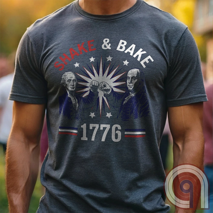 Revolution meets the racetrack with this Talladega Nights-inspired “Shake & Bake 1776” design, featuring George Washington and Benjamin Franklin throwing a victorious fist bump. A patriotic mashup of NASCAR culture and Founding Father grit, this tee celebrates American independence with speed, style, and historical swagger. Perfect for history buffs, liberty lovers, and anyone who believes in freedom, fast cars, and finishing first—because if you ain’t first, you’re last! Comedy Parody Tee. Color-Charc