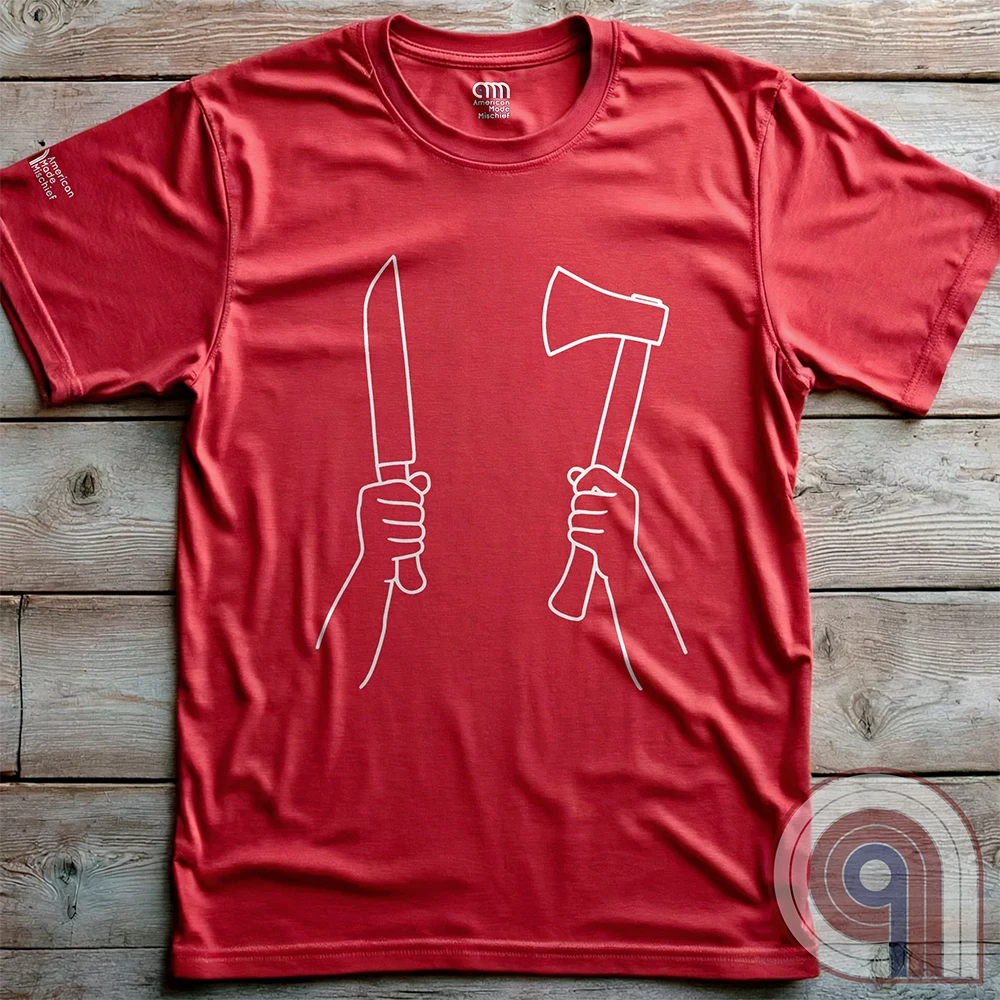 Provocative right-wing satire t-shirt knife & hatchet, symbolizing self-defense and resistance. Inspired by the viral Dundee hatchet girl - "Take Your Own Side," "Stand Your Ground," "Defend Your Homeland," "Hold The Line Against Invaders," & strong "Ausländer Raus" remigration vibes—perfect for unapologetic patriots, conservatives, and libertarians pushing back against open borders, mass migration, and threats to sovereignty & independence. High-contrast, edgy artwork that refuses to back down.
Red