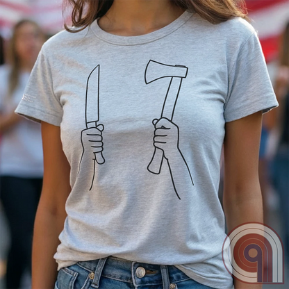 Provocative right-wing satire t-shirt knife & hatchet, symbolizing self-defense and resistance. Inspired by the viral Dundee hatchet girl - "Take Your Own Side," "Stand Your Ground," "Defend Your Homeland," "Hold The Line Against Invaders," & strong "Ausländer Raus" remigration vibes—perfect for unapologetic patriots, conservatives, and libertarians pushing back against open borders, mass migration, and threats to sovereignty & independence. High-contrast, edgy artwork that refuses to back down.
Ash