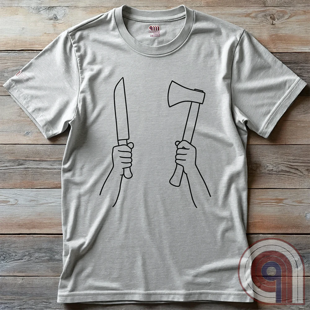 Provocative right-wing satire t-shirt knife & hatchet, symbolizing self-defense and resistance. Inspired by the viral Dundee hatchet girl - "Take Your Own Side," "Stand Your Ground," "Defend Your Homeland," "Hold The Line Against Invaders," & strong "Ausländer Raus" remigration vibes—perfect for unapologetic patriots, conservatives, and libertarians pushing back against open borders, mass migration, and threats to sovereignty & independence. High-contrast, edgy artwork that refuses to back down.
Ash