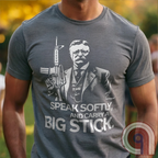 Striking Teddy Roosevelt 2A T-Shirt - legendary Rough Rider and American icon, with an AR-15 and his, 'Speak Softly, and Carry a Big Stick.' This design is a fearless blend of patriotism, rugged individuality, & Second Amendment rights. Perfect for gun lovers, history buffs, & freedom fighters who embrace bold American values. Pro-Second Amendment clothing that makes a statement—real leaders don’t ask permission to defend liberty. A tribute to freedom, strength, and the right to bear arms. Color- Grey1