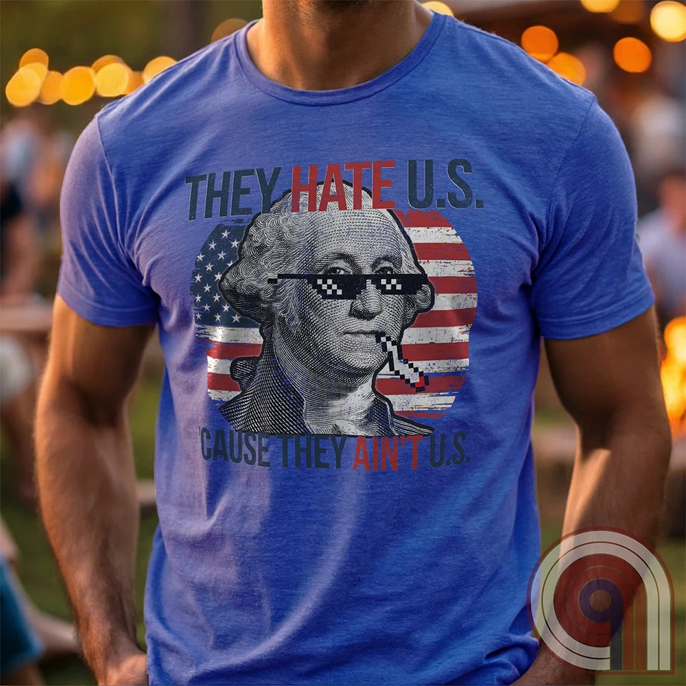 Boldly declare American independence with this They Hate U.S. 'Cause They Ain't U.S. t-shirt - A thug-life George Washington smoking in pixelated shades in front of a distressed American flag. A rebellious thug meme tee that mocks globalists, elitists, and jealous anti-American haters. Perfect for patriots, freedom lovers, & those who embrace the outlaw spirit of 1776. Show your unapologetic pride in American sovereignty, self-reliance, & the right to bear arms with this badass graphic. Color-Blue1