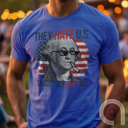 Boldly declare American independence with this They Hate U.S. 'Cause They Ain't U.S. t-shirt - A thug-life George Washington smoking in pixelated shades in front of a distressed American flag. A rebellious thug meme tee that mocks globalists, elitists, and jealous anti-American haters. Perfect for patriots, freedom lovers, & those who embrace the outlaw spirit of 1776. Show your unapologetic pride in American sovereignty, self-reliance, & the right to bear arms with this badass graphic. Color-Blue1
