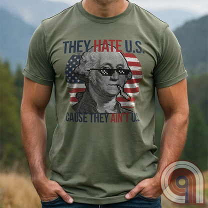 Boldly declare American independence with this They Hate U.S. 'Cause They Ain't U.S. t-shirt - A thug-life George Washington smoking in pixelated shades in front of a distressed American flag. A rebellious thug meme tee that mocks globalists, elitists, and jealous anti-American haters. Perfect for patriots, freedom lovers, & those who embrace the outlaw spirit of 1776. Show your unapologetic pride in American sovereignty, self-reliance, & the right to bear arms with this badass graphic. Color-Green1