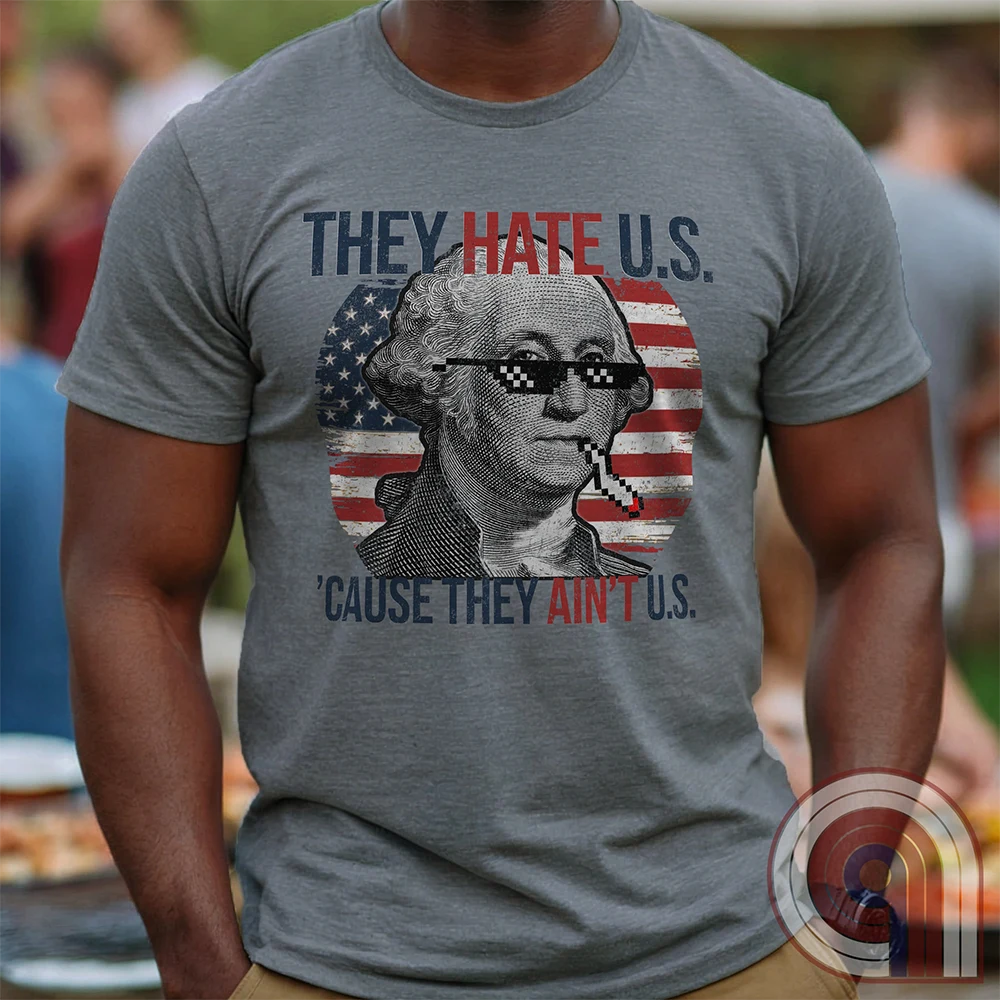 Boldly declare American independence with this They Hate U.S. 'Cause They Ain't U.S. t-shirt - A thug-life George Washington smoking in pixelated shades in front of a distressed American flag. A rebellious thug meme tee that mocks globalists, elitists, and jealous anti-American haters. Perfect for patriots, freedom lovers, & those who embrace the outlaw spirit of 1776. Show your unapologetic pride in American sovereignty, self-reliance, & the right to bear arms with this badass graphic. Color-Grey1