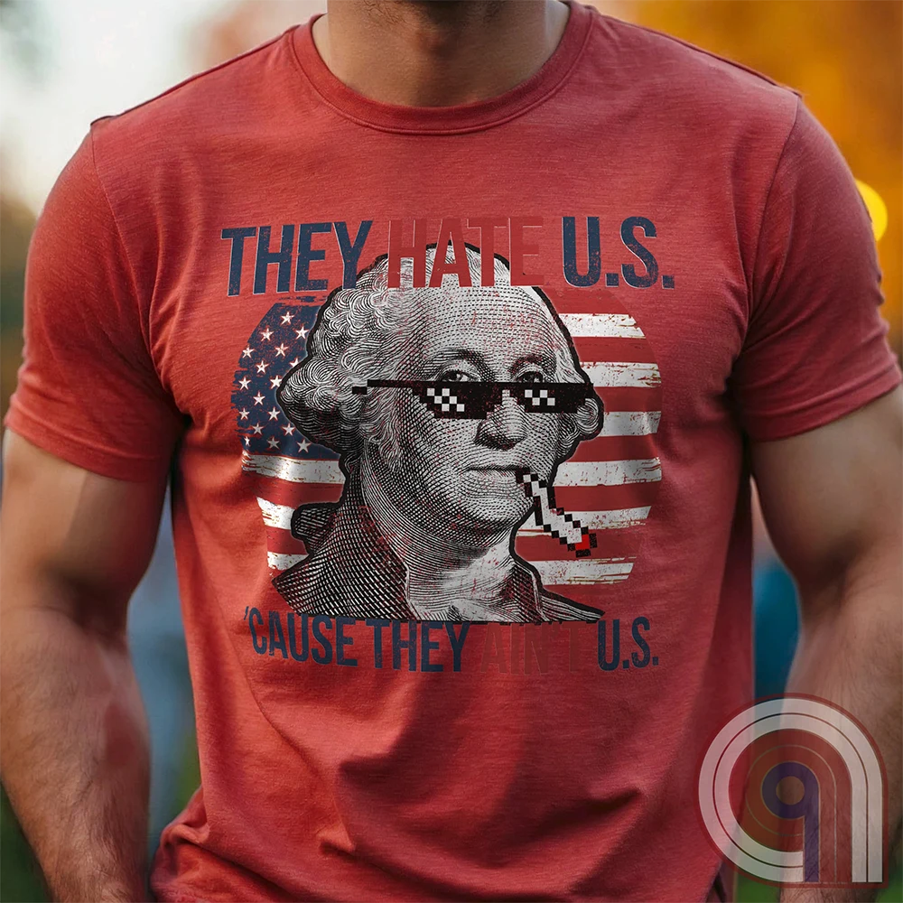 Boldly declare American independence with this They Hate U.S. 'Cause They Ain't U.S. t-shirt - A thug-life George Washington smoking in pixelated shades in front of a distressed American flag. A rebellious thug meme tee that mocks globalists, elitists, and jealous anti-American haters. Perfect for patriots, freedom lovers, & those who embrace the outlaw spirit of 1776. Show your unapologetic pride in American sovereignty, self-reliance, & the right to bear arms with this badass graphic. Color-Red1