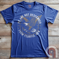 Defy fear and embrace American strength with this bold 'We Are Not Descended from Fearful Men' t-shirt. Featuring a fierce bald eagle, vintage stars, and distressed lettering, this design is a tribute to courage, resilience, & independence. Inspired by the unwavering spirit of the Founding Fathers, this patriotic tee is perfect for veterans, freedom fighters, & anyone who won’t back down. A statement piece for Americans who refuse to live in fear and believe liberty must be defended at all costs; Color:Blue