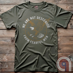 Defy fear and embrace American strength with this bold 'We Are Not Descended from Fearful Men' t-shirt. Featuring a fierce bald eagle, vintage stars, and distressed lettering, this design is a tribute to courage, resilience, & independence. Inspired by the unwavering spirit of the Founding Fathers, this patriotic tee is perfect for veterans, freedom fighters, & anyone who won’t back down. A statement piece for Americans who refuse to live in fear and believe liberty must be defended at all costs; Color:Grn