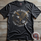 Defy fear and embrace American strength with this bold 'We Are Not Descended from Fearful Men' t-shirt. Featuring a fierce bald eagle, vintage stars, and distressed lettering, this design is a tribute to courage, resilience, & independence. Inspired by the unwavering spirit of the Founding Fathers, this patriotic tee is perfect for veterans, freedom fighters, & anyone who won’t back down. A statement piece for Americans who refuse to live in fear and believe liberty must be defended at all costs; Color:Char