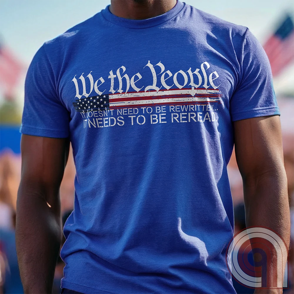 Show your patriotism with this bold 'We The People' t-shirt, featuring the iconic preamble of the U.S. Constitution. With a distressed American flag backdrop, this design is a statement for those who believe in defending the Constitution, freedom, & liberty. Ideal for patriots, conservatives, and constitutionalists who value the Bill of Rights & American history. A must-have for those who oppose government overreach, censorship, and revisionist history. Wear it proudly as a tribute to America. Color: Blue 2