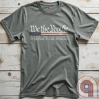 Show your patriotism with this bold 'We The People' t-shirt, featuring the iconic preamble of the U.S. Constitution. With a distressed American flag backdrop, this design is a statement for those who believe in defending the Constitution, freedom, & liberty. Ideal for patriots, conservatives, and constitutionalists who value the Bill of Rights & American history. A must-have for those who oppose government overreach, censorship, and revisionist history. Wear it proudly as a tribute to America. Color: Grey