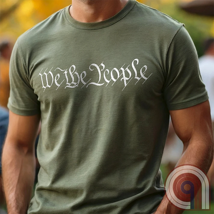 Show your patriotism with this bold 'We The People' t-shirt, inspired by the U.S. Constitution. Featuring classic calligraphy from the founding document, this design represents American freedom, liberty, & the power of the people. Perfect for proud patriots, constitutionalists, & those who stand for individual rights. Celebrate the Bill of Rights, defend the Second Amendment, & stand for limited government with this statement of American values, independence, self-governance, & personal liberty.Color-Green2