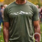 Minimalist inspirational t-shirt graphic showing a lone penguin walking away beneath a vast snow-covered mountain range, inspired by Werner Herzog’s wandering penguin documentary scene. This Tee evokes existential solitude, Faustian spirit, nihilism, faith, and quiet bravery, symbolizing the call to adventure, isolation, perseverance, philosophy, and the human search for meaning through nature, exploration, and understated surreal meme culture. Green
