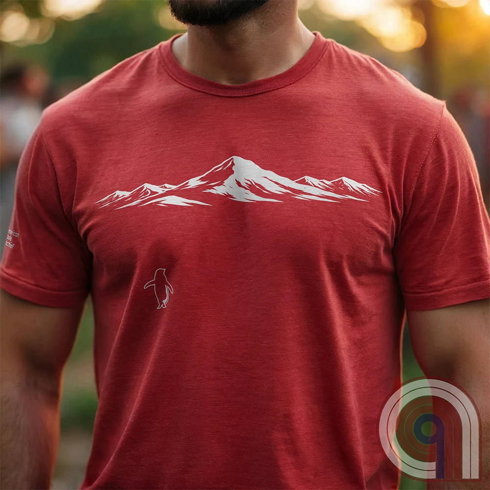 Minimalist inspirational T-shirt featuring a lone penguin walking away beneath a wide snow-covered mountain range. Inspired by Werner Herzog’s documentary scene of the wandering penguin, the design symbolizes existential solitude, nihilism, faith, and the call to adventure, blending philosophy, nature, and understated meme culture in a subtle, wearable graphic. Red