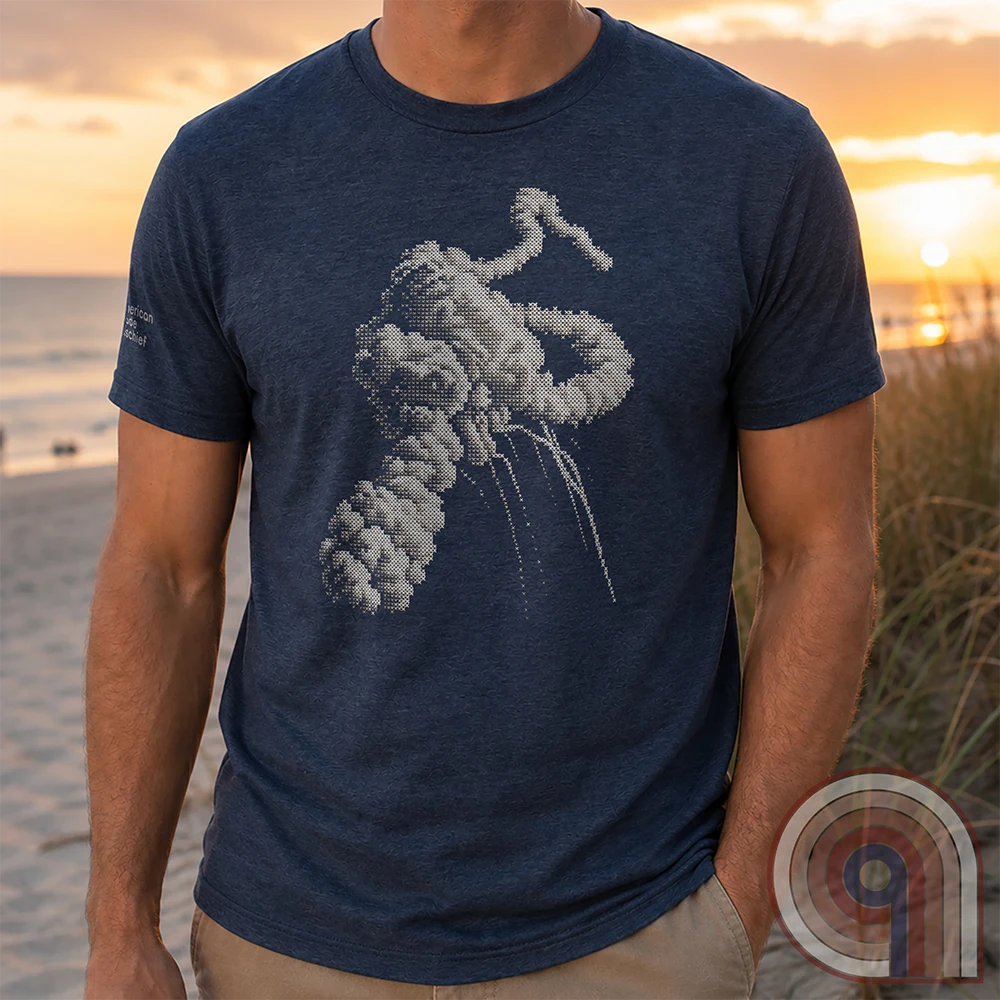 Heather navy T-shirt on a model, featuring a pale, cross-stitch-style image of the Space Shuttle Challenger breakup: branching smoke cloud and thin descending trails, without lettering.