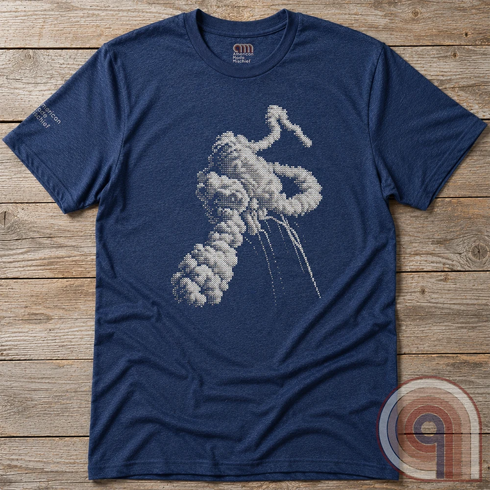 Heather navy T-shirt laid flat on wooden boards, with a stitch-effect depiction of Challenger’s distinctive forked smoke plume and narrow falling streaks.