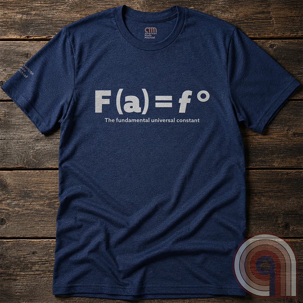 Flat-lay heather navy T-shirt; the spare “F(a) = f°” design makes “fuck around, find out” look like a universal constant.