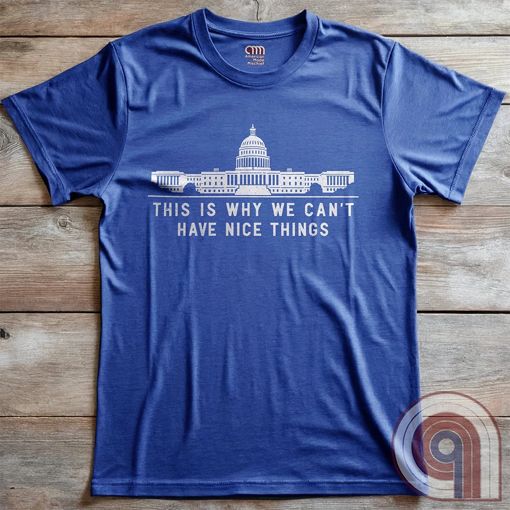 "This Is Why We Can't Have Nice Things" political satire t-shirt exposing congressional corruption, government waste, & the reckless mismanagement of American resources. Featuring bold typography and a minimalist design, this anti-establishment tee makes a statement against fraud, bureaucratic incompetence, & the squandering of taxpayer dollars. A must-have for those who demand accountability & transparency from elected officials. Wear it loud and proud to call out the system’s failures. Color- Blue2