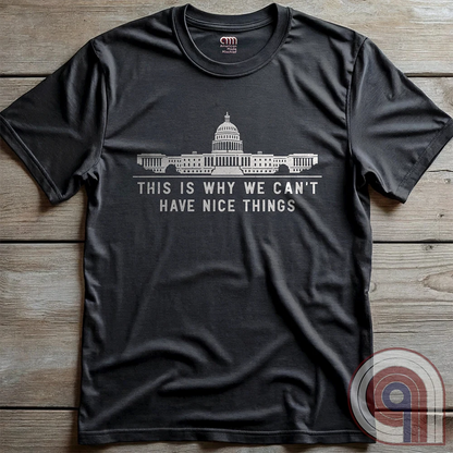 "This Is Why We Can't Have Nice Things" political satire t-shirt exposing congressional corruption, government waste, & the reckless mismanagement of American resources. Featuring bold typography and a minimalist design, this anti-establishment tee makes a statement against fraud, bureaucratic incompetence, & the squandering of taxpayer dollars. A must-have for those who demand accountability & transparency from elected officials. Wear it loud and proud to call out the system’s failures. Color- Charc2