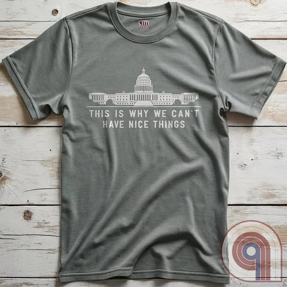 "This Is Why We Can't Have Nice Things" political satire t-shirt exposing congressional corruption, government waste, & the reckless mismanagement of American resources. Featuring bold typography and a minimalist design, this anti-establishment tee makes a statement against fraud, bureaucratic incompetence, & the squandering of taxpayer dollars. A must-have for those who demand accountability & transparency from elected officials. Wear it loud and proud to call out the system’s failures. Color- Grey2