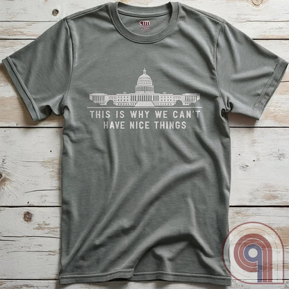 "This Is Why We Can't Have Nice Things" political satire t-shirt exposing congressional corruption, government waste, & the reckless mismanagement of American resources. Featuring bold typography and a minimalist design, this anti-establishment tee makes a statement against fraud, bureaucratic incompetence, & the squandering of taxpayer dollars. A must-have for those who demand accountability & transparency from elected officials. Wear it loud and proud to call out the system’s failures. Color- Grey2
