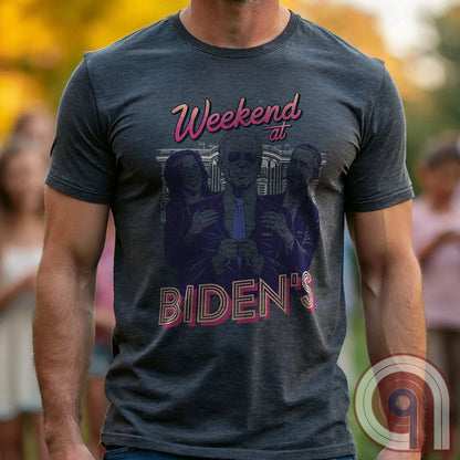 A hilarious political satire t-shirt featuring "Weekend at Biden’s," a parody of the classic comedy, reimagined with Joe Biden as the lifeless puppet propped up by Kamala Harris & Barack Obama. With a retro 80s aesthetic, this anti-establishment tee calls out the illusion of leadership & the deep-state handlers pulling the strings. A must-have for conservatives, libertarians, & free-thinkers who see through the charade. Perfect for rallies, protests, or just triggering clueless liberals! Color - Charc1