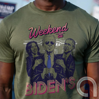A hilarious political satire t-shirt featuring "Weekend at Biden’s," a parody of the classic comedy, reimagined with Joe Biden as the lifeless puppet propped up by Kamala Harris & Barack Obama. With a retro 80s aesthetic, this anti-establishment tee calls out the illusion of leadership & the deep-state handlers pulling the strings. A must-have for conservatives, libertarians, & free-thinkers who see through the charade. Perfect for rallies, protests, or just triggering clueless liberals! Color - Green1