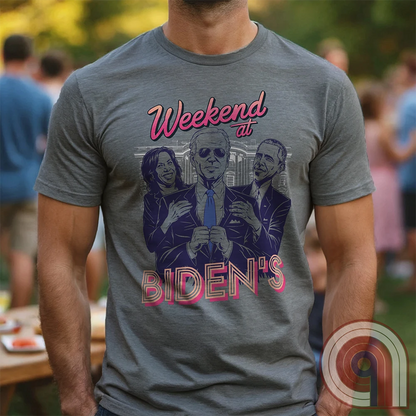 A hilarious political satire t-shirt featuring "Weekend at Biden’s," a parody of the classic comedy, reimagined with Joe Biden as the lifeless puppet propped up by Kamala Harris & Barack Obama. With a retro 80s aesthetic, this anti-establishment tee calls out the illusion of leadership & the deep-state handlers pulling the strings. A must-have for conservatives, libertarians, & free-thinkers who see through the charade. Perfect for rallies, protests, or just triggering clueless liberals! Color - Grey1