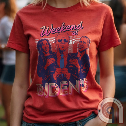 A hilarious political satire t-shirt featuring "Weekend at Biden’s," a parody of the classic comedy, reimagined with Joe Biden as the lifeless puppet propped up by Kamala Harris & Barack Obama. With a retro 80s aesthetic, this anti-establishment tee calls out the illusion of leadership & the deep-state handlers pulling the strings. A must-have for conservatives, libertarians, & free-thinkers who see through the charade. Perfect for rallies, protests, or just triggering clueless liberals! Color - Red1